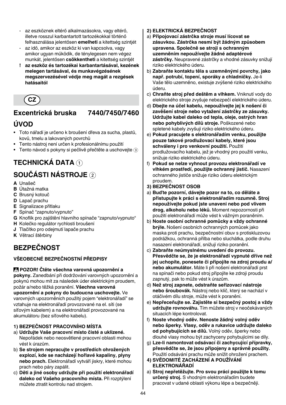 Technická data 1 součásti nástroje 2, Bezpečnost | Skil 7450 AA User Manual | Page 44 / 112
