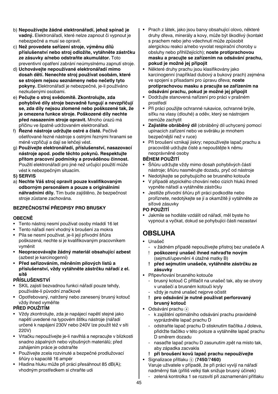 Obsluha | Skil 7450 AA User Manual | Page 45 / 112