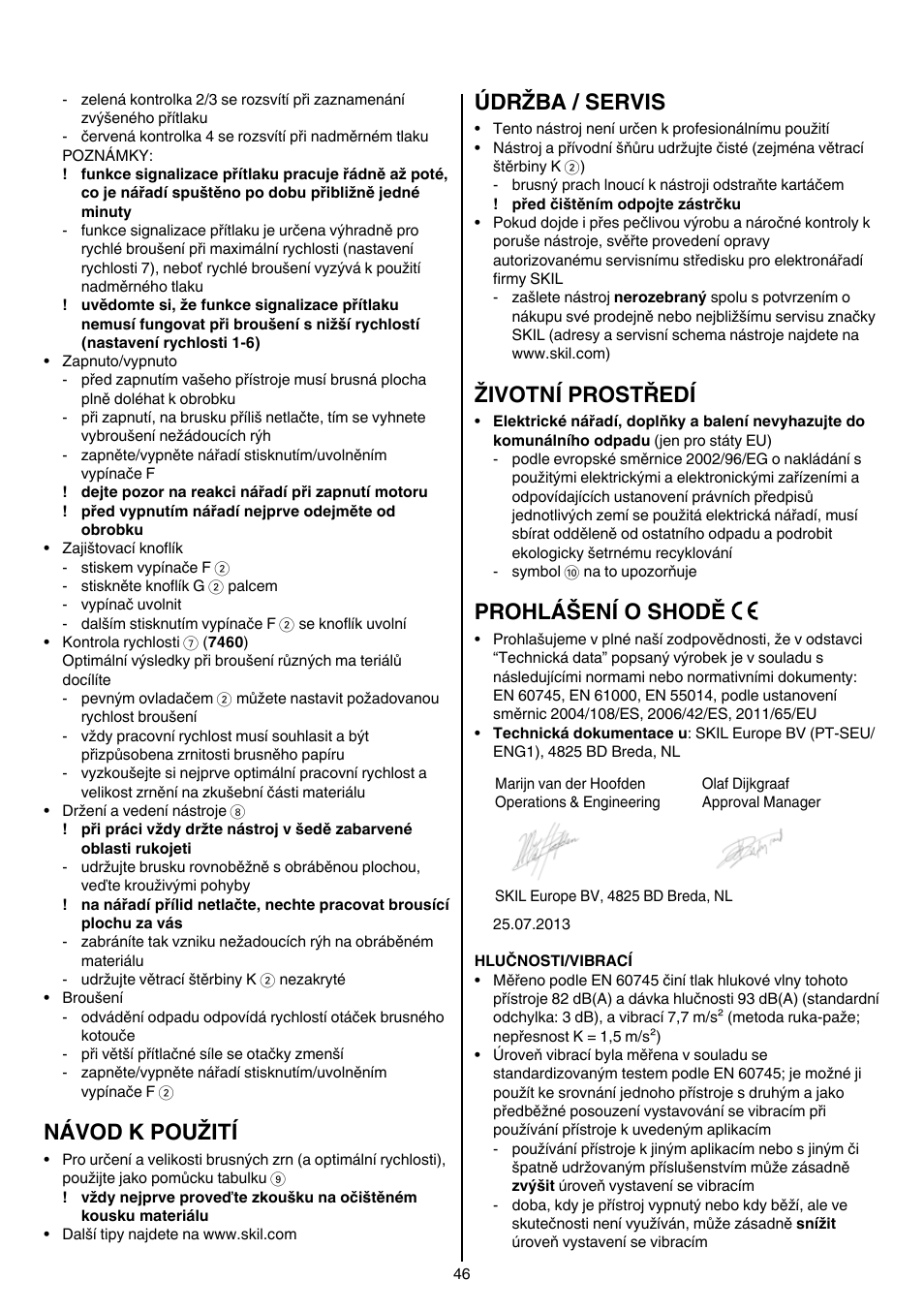 Návod k použití, Údržba / servis, Životní prostředí | Prohlášení o shodě | Skil 7450 AA User Manual | Page 46 / 112