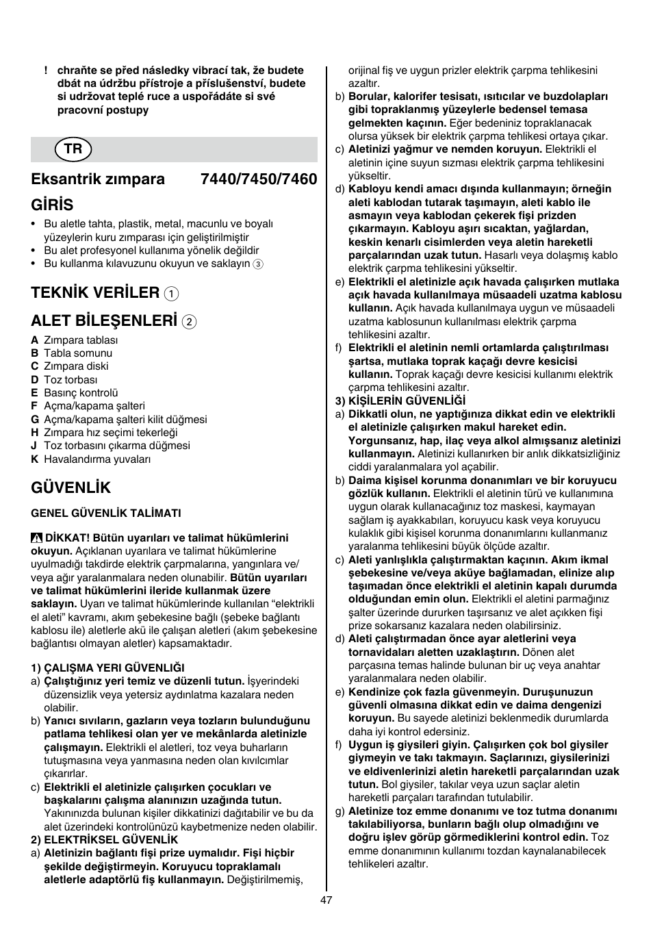 Teknik veriler 1 alet bileşenleri 2, Güvenlik | Skil 7450 AA User Manual | Page 47 / 112