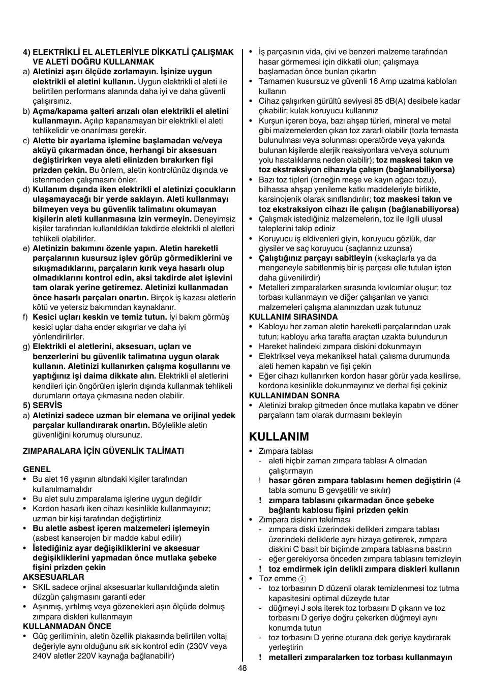Kullanim | Skil 7450 AA User Manual | Page 48 / 112