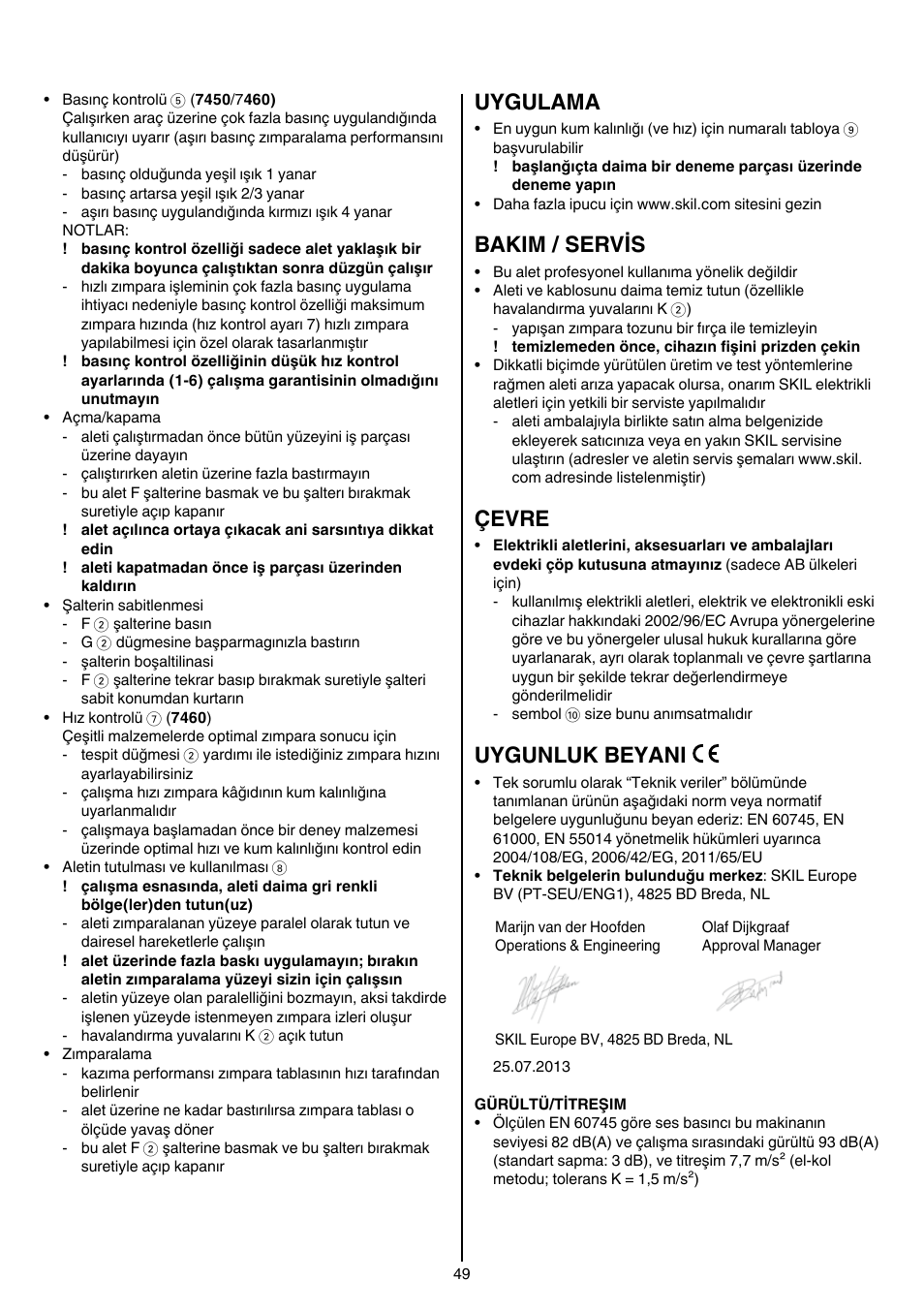 Uygulama, Bakim / servis, Çevre | Uygunluk beyani | Skil 7450 AA User Manual | Page 49 / 112