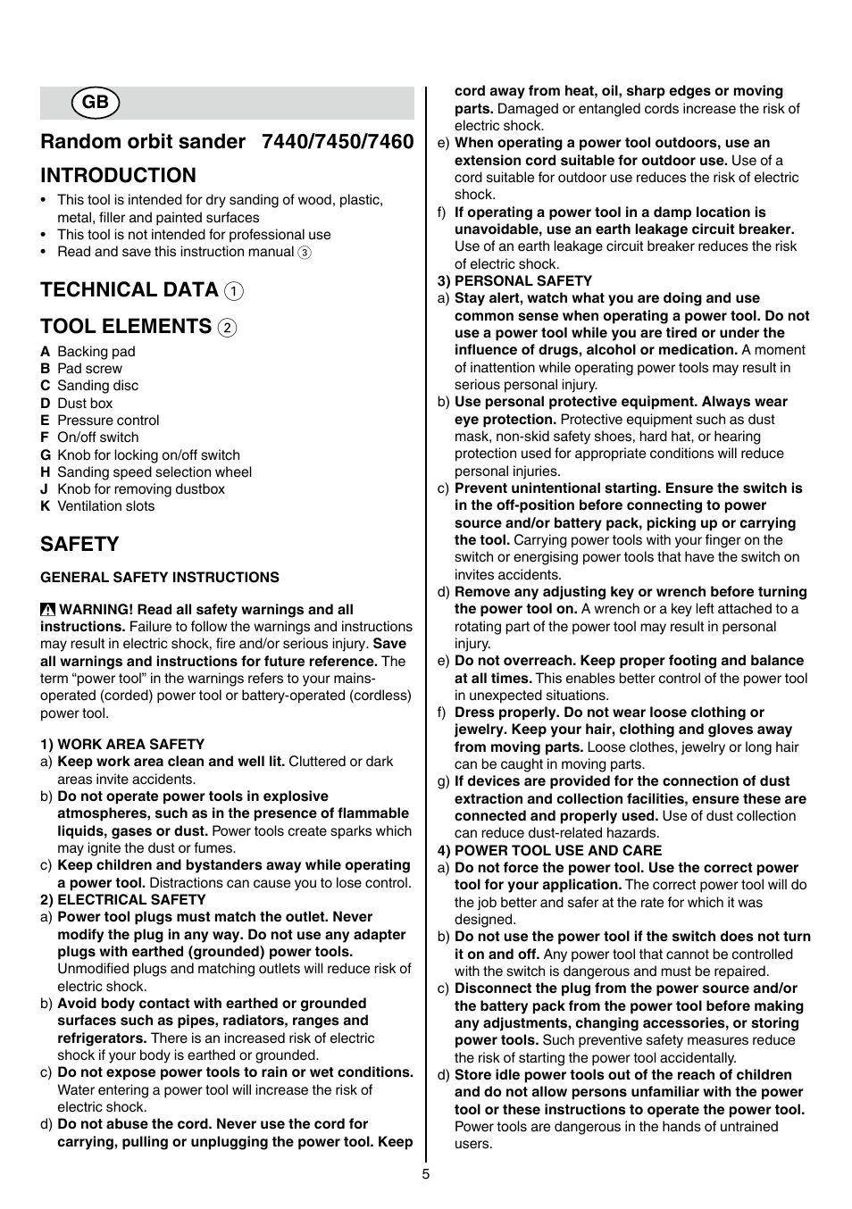 Technical data 1 tool elements 2, Safety | Skil 7450 AA User Manual | Page 5 / 112