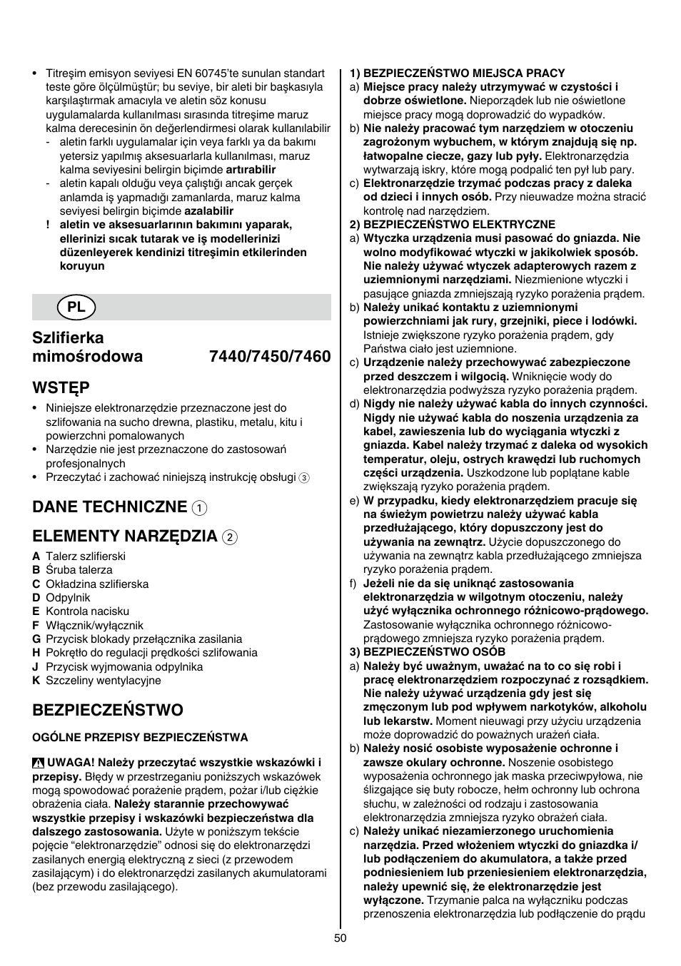 Dane techniczne 1 elementy narzędzia 2, Bezpieczeństwo | Skil 7450 AA User Manual | Page 50 / 112