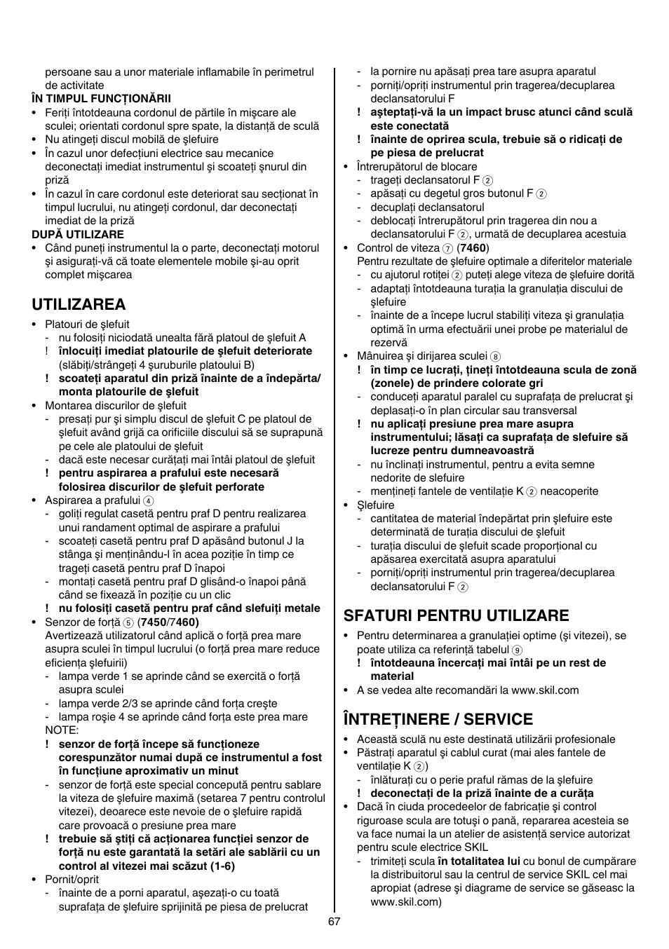 Utilizarea, Sfaturi pentru utilizare, Întreţinere / service | Skil 7450 AA User Manual | Page 67 / 112