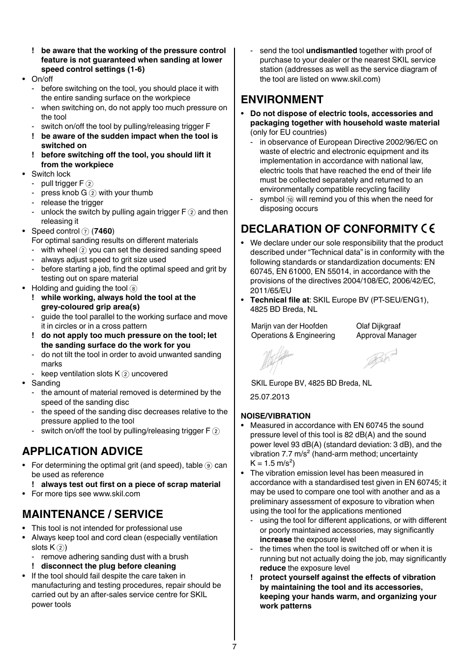 Application advice, Maintenance / service, Environment | Declaration of conformity | Skil 7450 AA User Manual | Page 7 / 112