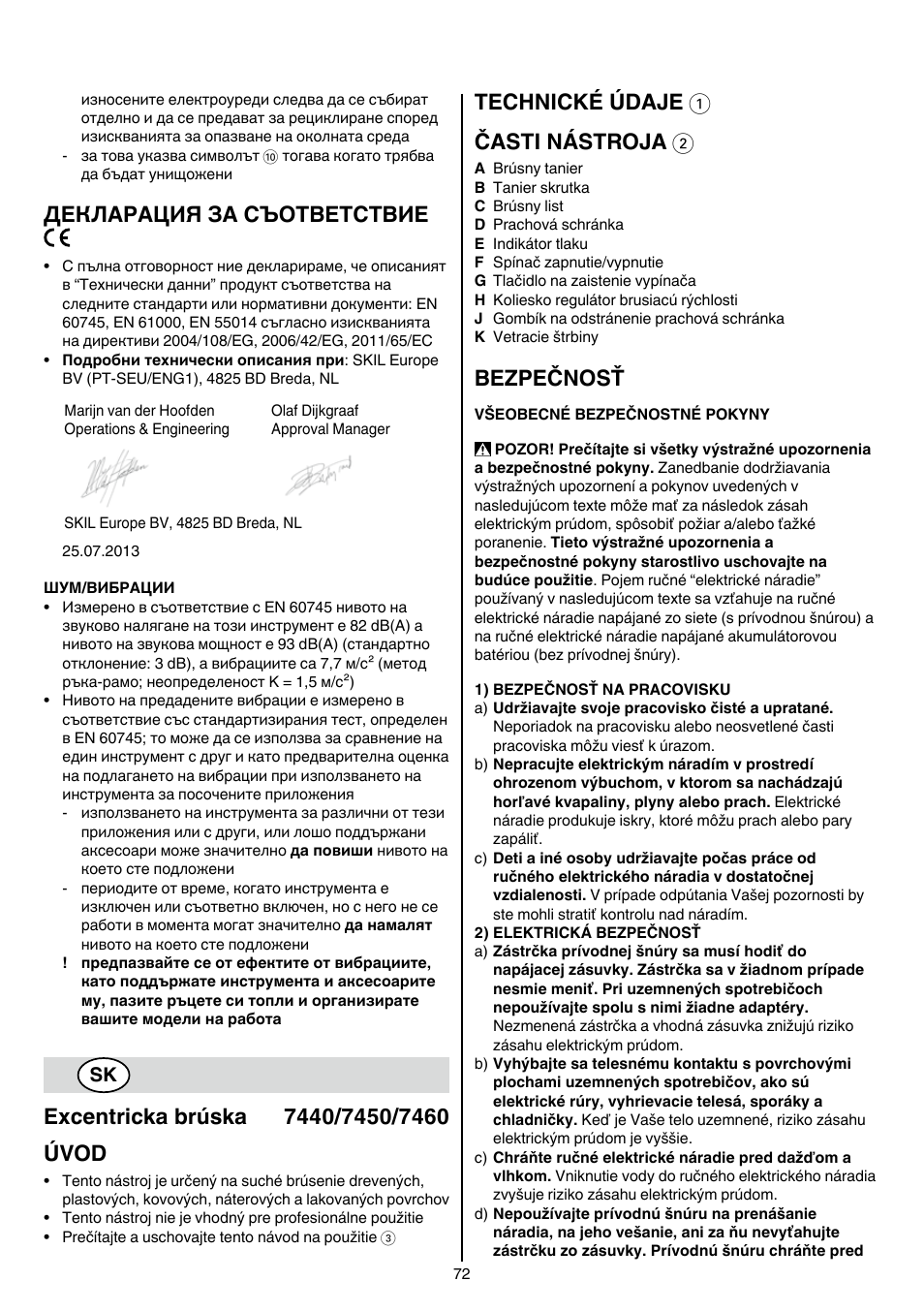 Декларация за съответствие, Technické údaje 1 časti nástroja 2, Bezpečnosť | Skil 7450 AA User Manual | Page 72 / 112
