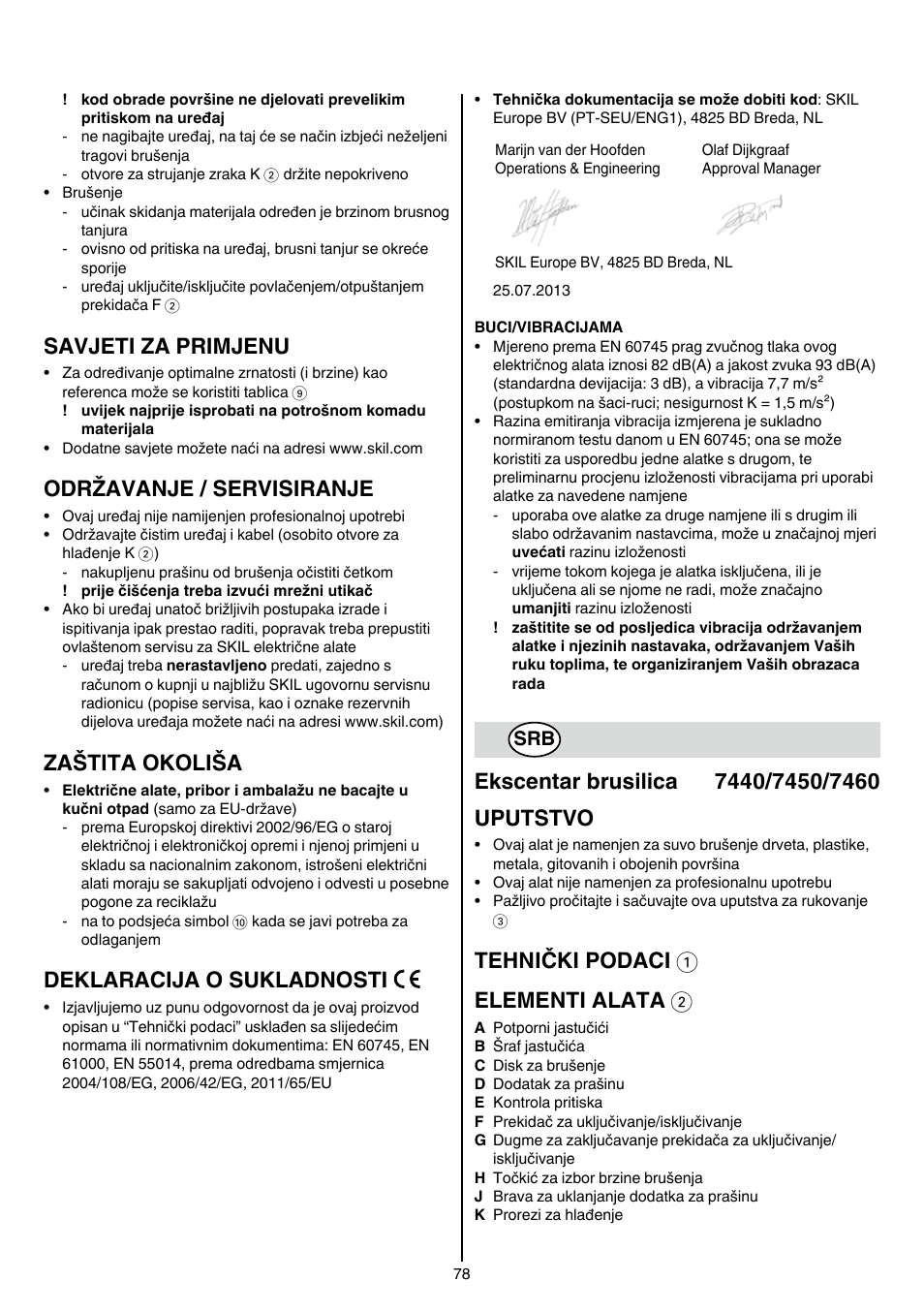 Savjeti za primjenu, Održavanje / servisiranje, Zaštita okoliša | Deklaracija o sukladnosti, Tehnički podaci 1 elementi alata 2 | Skil 7450 AA User Manual | Page 78 / 112