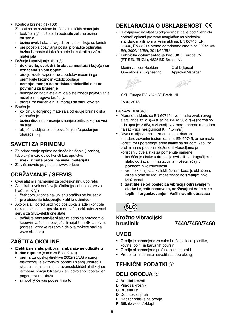Saveti za primenu, Održavanje / servis, Zaštita okoline | Deklaracija o usklađenosti, Tehnični podatki 1 deli orodja 2 | Skil 7450 AA User Manual | Page 81 / 112