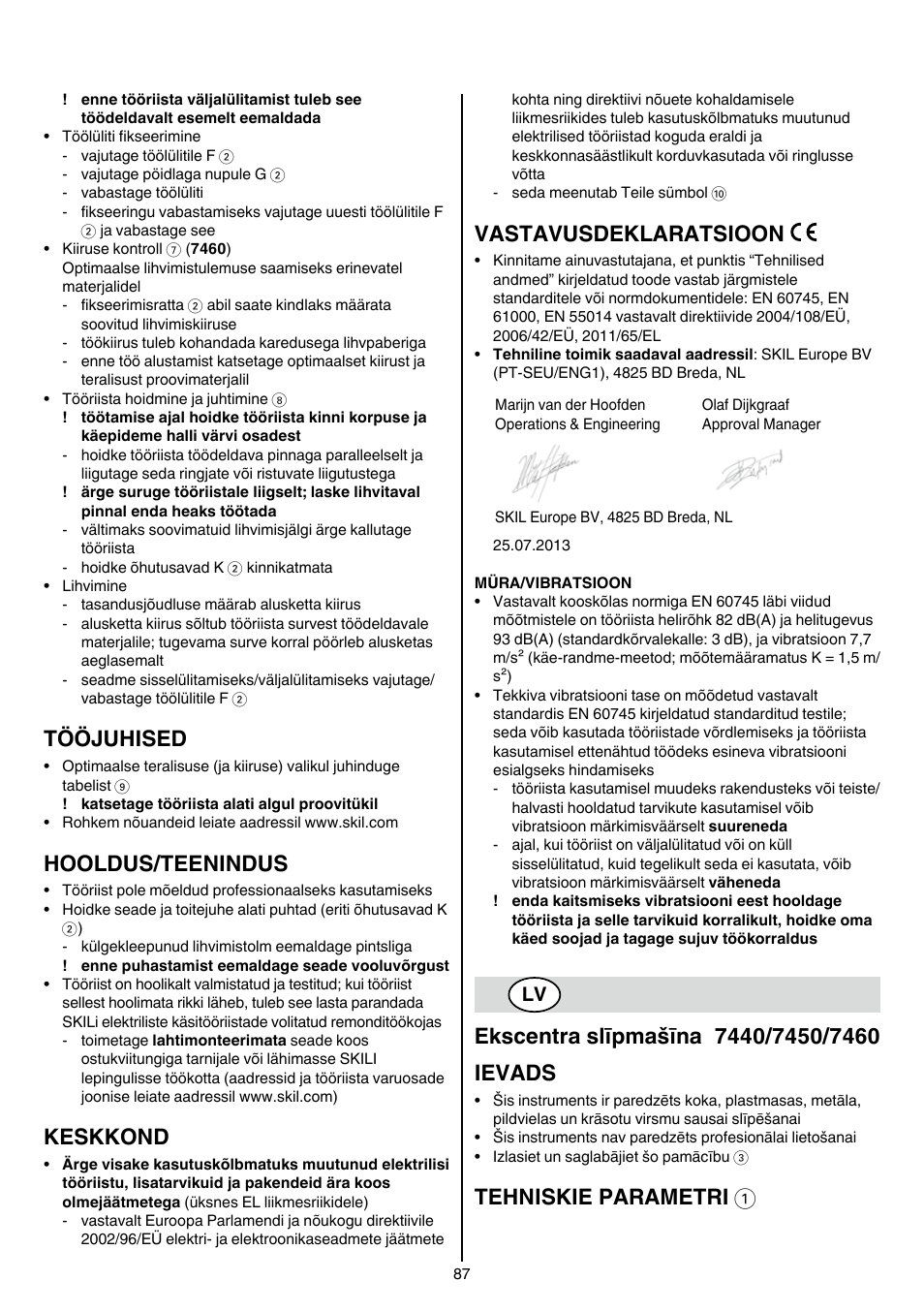 Tööjuhised, Hooldus/teenindus, Keskkond | Vastavusdeklaratsioon, Tehniskie parametri 1 | Skil 7450 AA User Manual | Page 87 / 112
