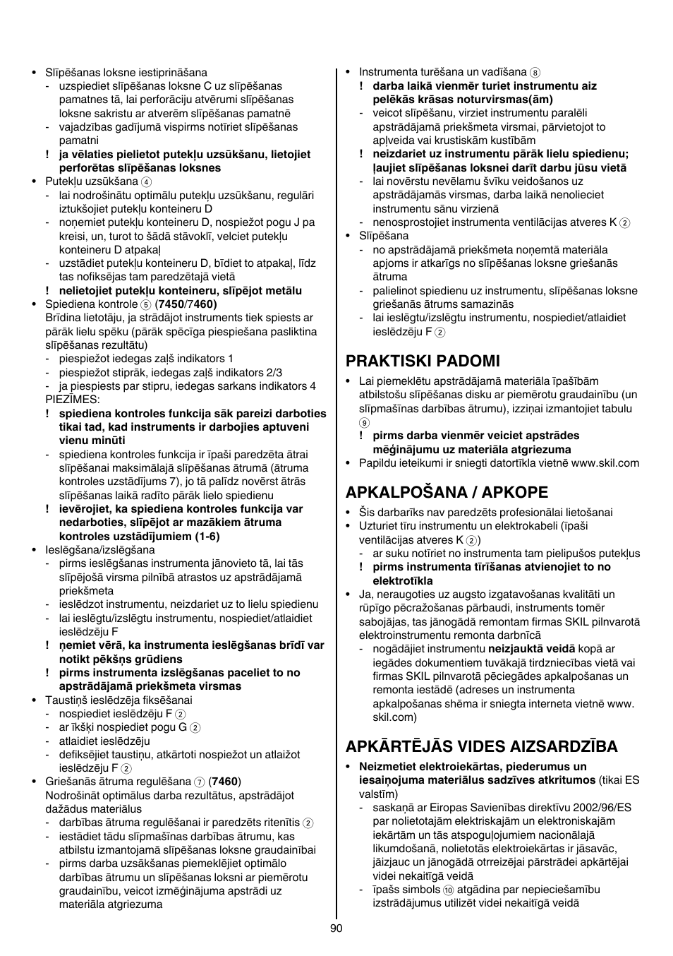 Praktiski padomi, Apkalpošana / apkope, Apkārtējās vides aizsardzība | Skil 7450 AA User Manual | Page 90 / 112