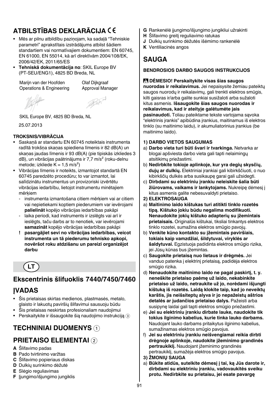 Atbilstības deklarācija, Techniniai duomenys 1 prietaiso elementai 2, Sauga | Skil 7450 AA User Manual | Page 91 / 112