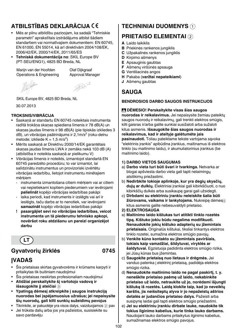 Atbilstības deklarācija, Gyvatvorių žirklės 0745 įvadas, Techniniai duomenys 1 prietaiso elementai 2 | Sauga | Skil 0745 RT User Manual | Page 102 / 124
