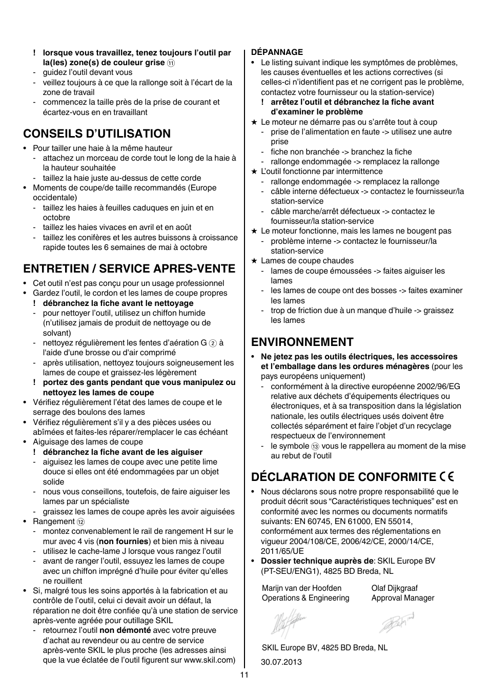 Conseils d’utilisation, Entretien / service apres-vente, Environnement | Déclaration de conformite | Skil 0745 RT User Manual | Page 11 / 124