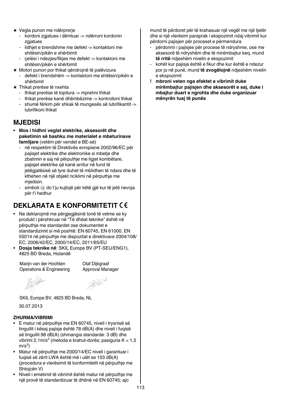 Mjedisi, Deklarata e konformitetit | Skil 0745 RT User Manual | Page 113 / 124