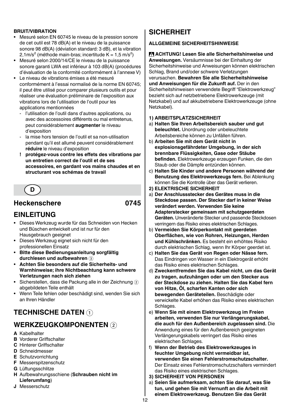 Heckenschere 0745 einleitung, Technische daten 1 werkzeugkomponenten 2, Sicherheit | Skil 0745 RT User Manual | Page 12 / 124