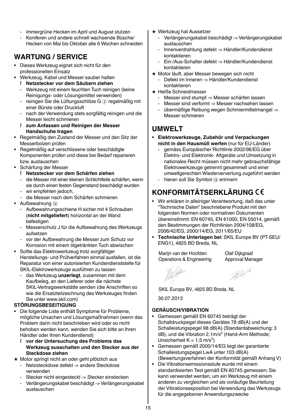 Wartung / service, Umwelt, Konformitätserklärung | Skil 0745 RT User Manual | Page 15 / 124