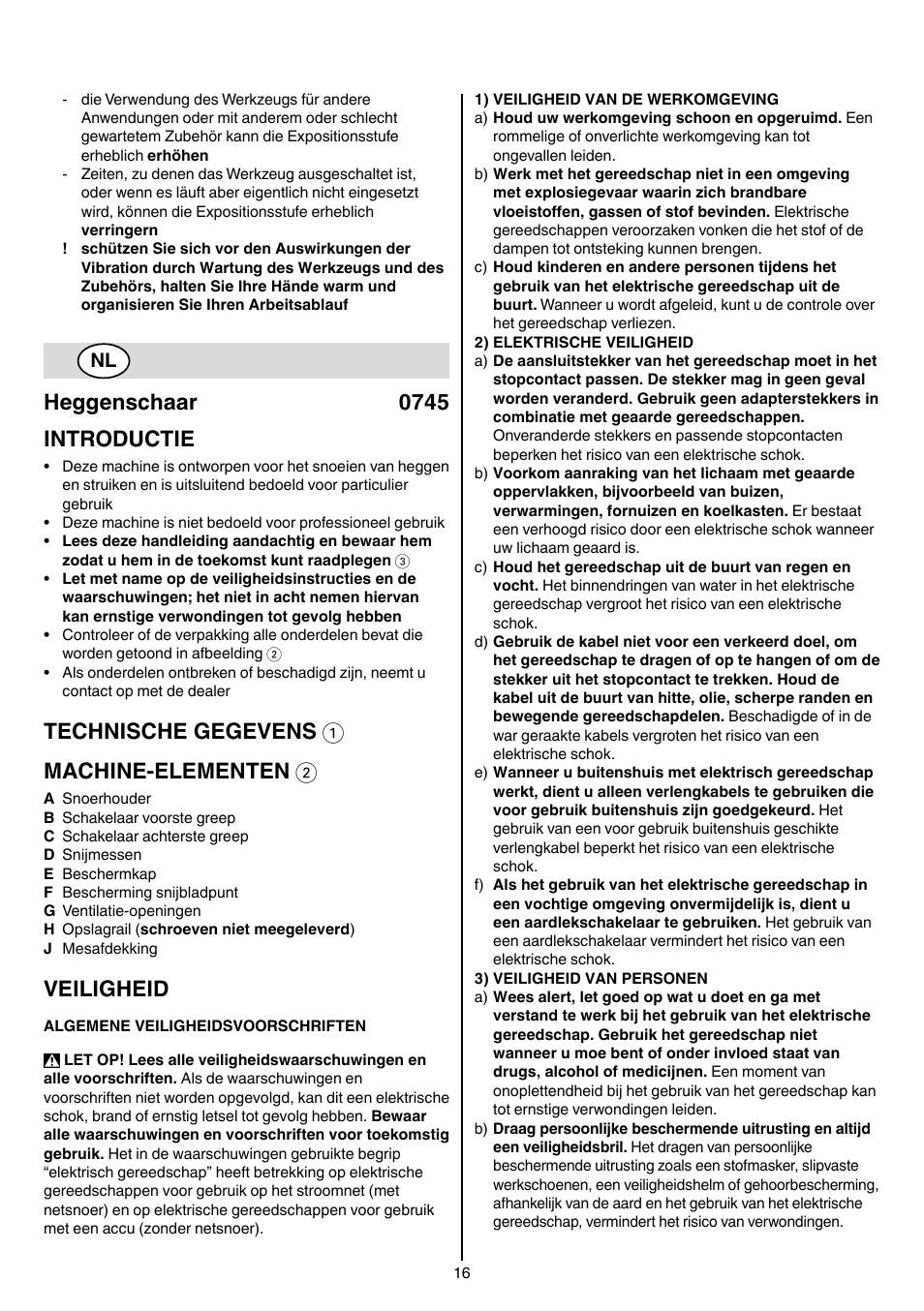 Heggenschaar 0745 introductie, Technische gegevens 1 machine-elementen 2, Veiligheid | Skil 0745 RT User Manual | Page 16 / 124