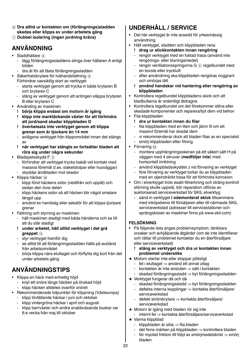 Användning, Användningstips, Underhåll / service | Skil 0745 RT User Manual | Page 22 / 124