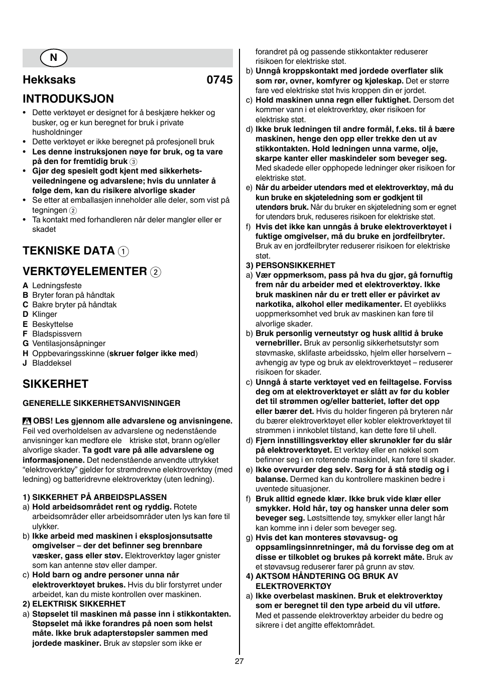 Hekksaks 0745 introduksjon, Tekniske data 1 verktøyelementer 2, Sikkerhet | Skil 0745 RT User Manual | Page 27 / 124
