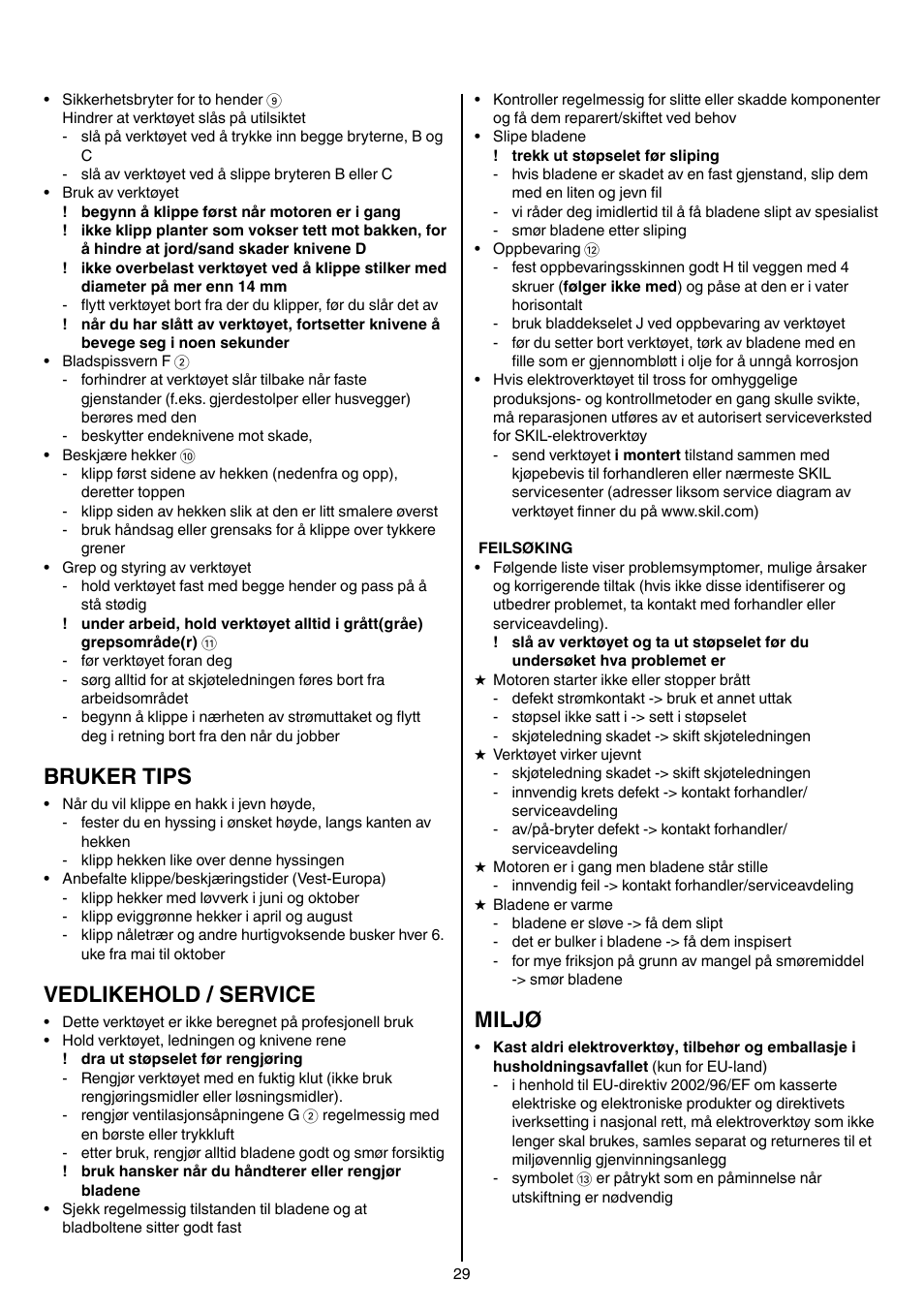 Bruker tips, Vedlikehold / service, Miljø | Skil 0745 RT User Manual | Page 29 / 124