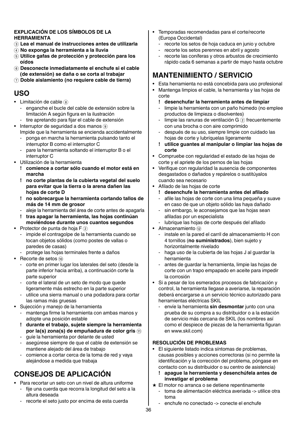 Consejos de aplicación, Mantenimiento / servicio | Skil 0745 RT User Manual | Page 36 / 124