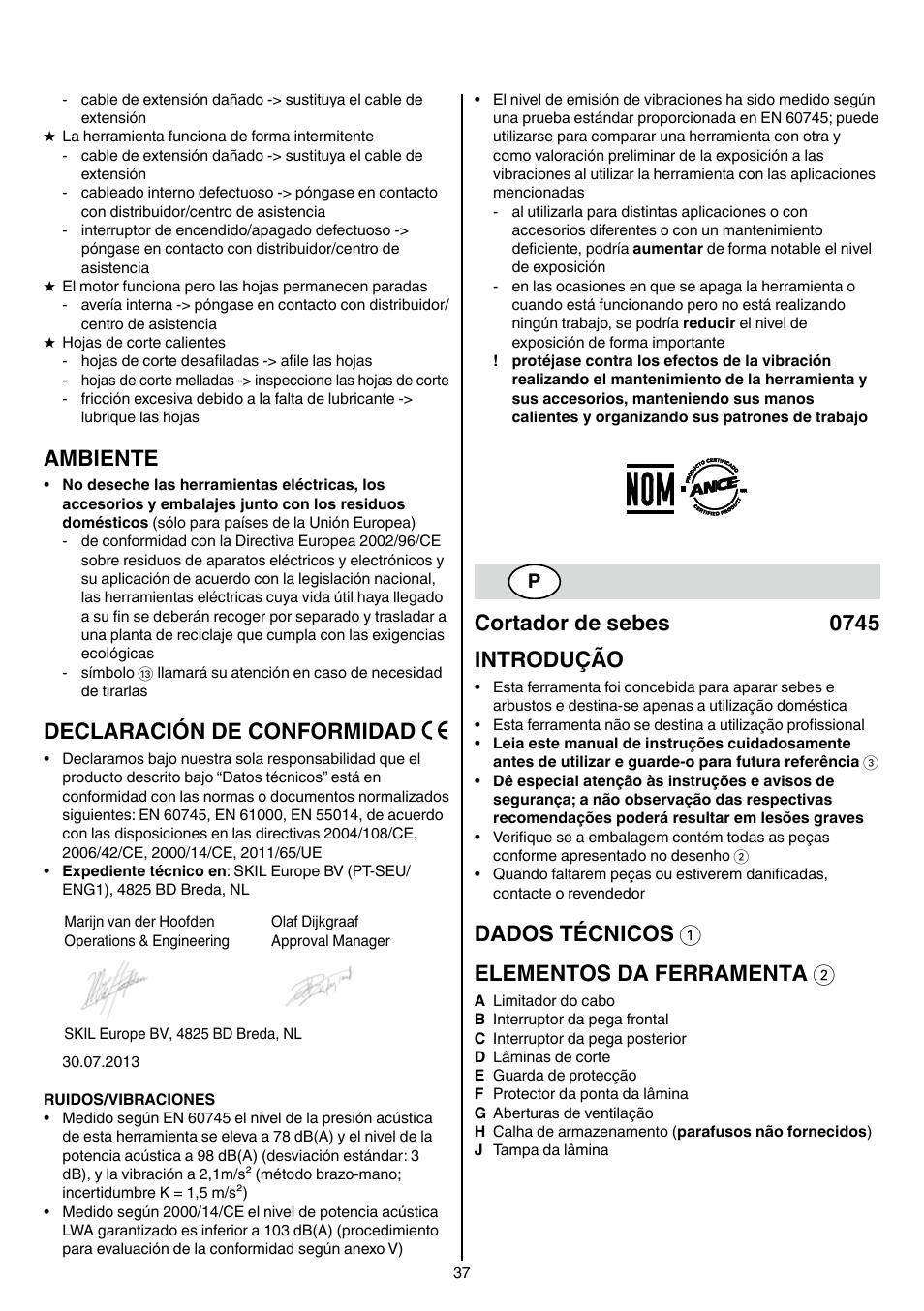 Ambiente, Declaración de conformidad, Cortador de sebes 0745 introdução | Dados técnicos 1 elementos da ferramenta 2 | Skil 0745 RT User Manual | Page 37 / 124