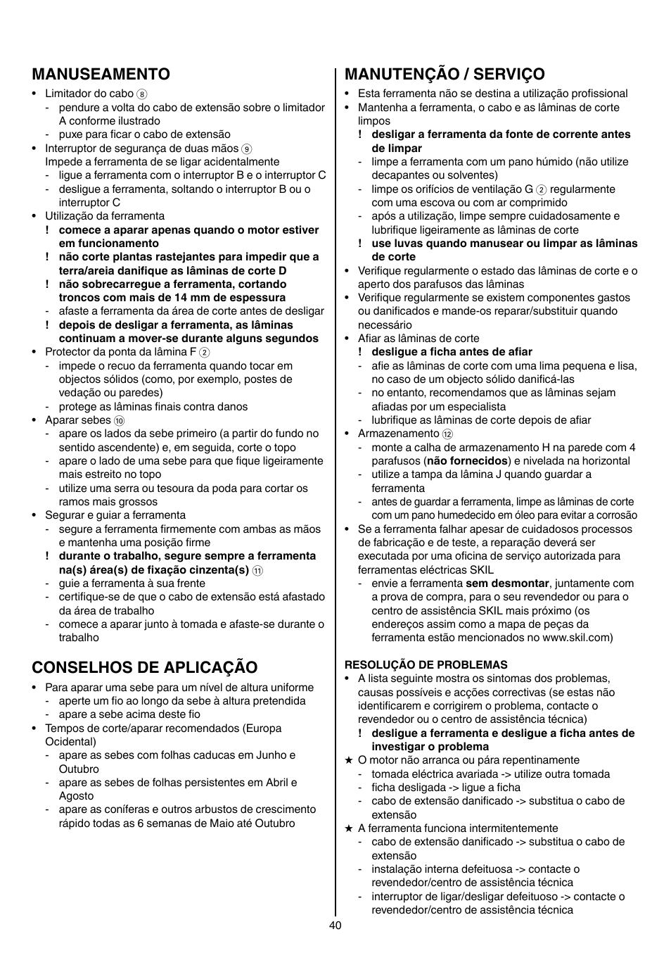 Manuseamento, Conselhos de aplicação, Manutenção / serviço | Skil 0745 RT User Manual | Page 40 / 124