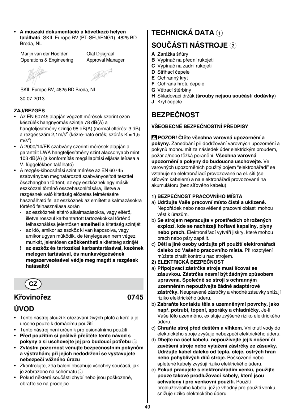 Křovinořez 0745 úvod, Technická data 1 součásti nástroje 2, Bezpečnost | Skil 0745 RT User Manual | Page 49 / 124