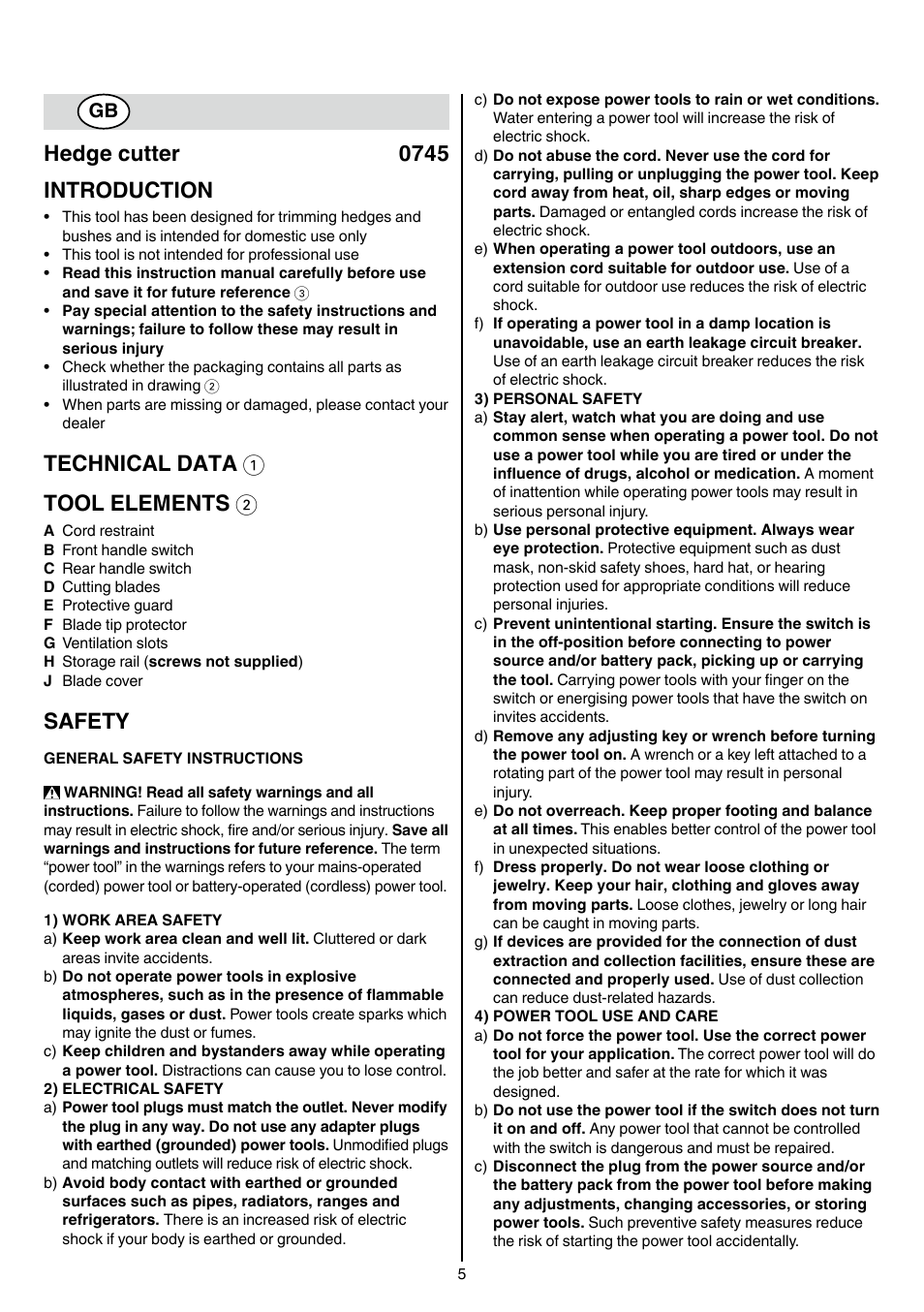 Hedge cutter 0745 introduction, Technical data 1 tool elements 2, Safety | Skil 0745 RT User Manual | Page 5 / 124