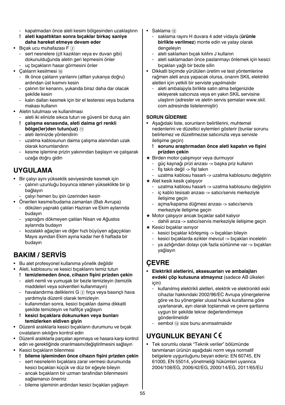 Uygulama, Bakim / servis, Çevre | Uygunluk beyani | Skil 0745 RT User Manual | Page 55 / 124