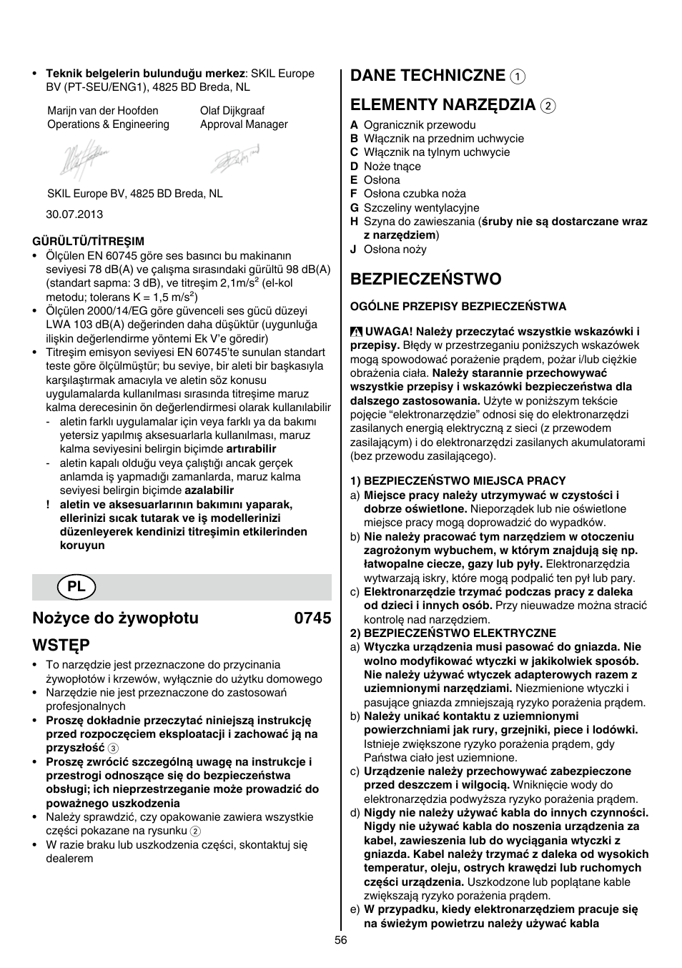 Nożyce do żywopłotu 0745 wstęp, Dane techniczne 1 elementy narzędzia 2, Bezpieczeństwo | Skil 0745 RT User Manual | Page 56 / 124