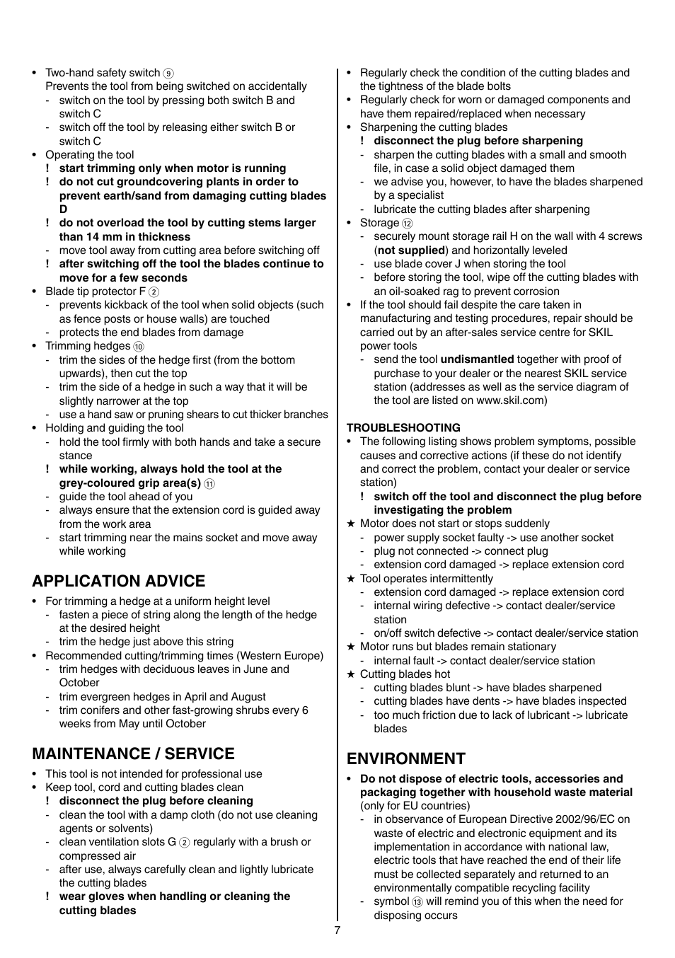 Application advice, Maintenance / service, Environment | Skil 0745 RT User Manual | Page 7 / 124
