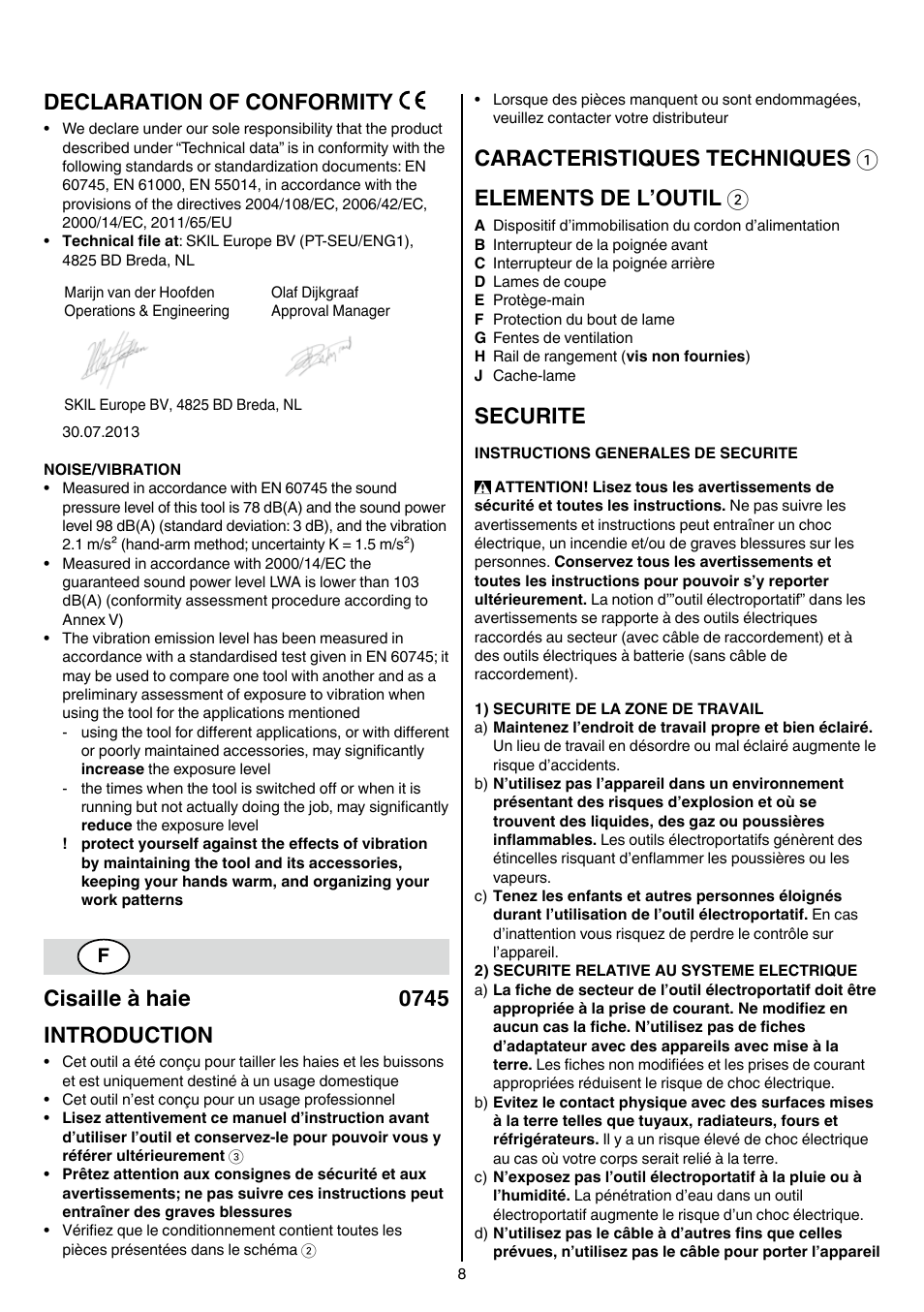 Declaration of conformity, Cisaille à haie 0745 introduction, Securite | Skil 0745 RT User Manual | Page 8 / 124