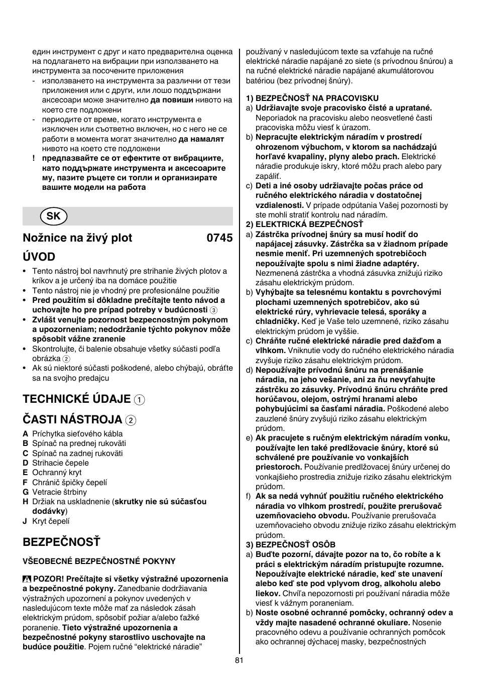 Nožnice na živý plot 0745 úvod, Technické údaje 1 časti nástroja 2, Bezpečnosť | Skil 0745 RT User Manual | Page 81 / 124