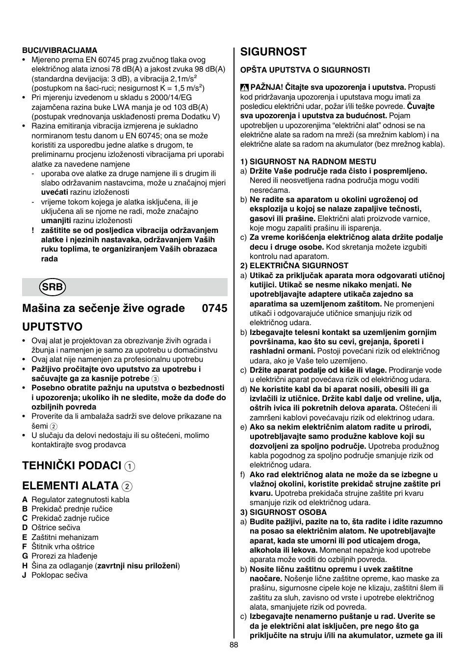 Mašina za sečenje žive ograde 0745 uputstvo, Tehnički podaci 1 elementi alata 2, Sigurnost | Skil 0745 RT User Manual | Page 88 / 124