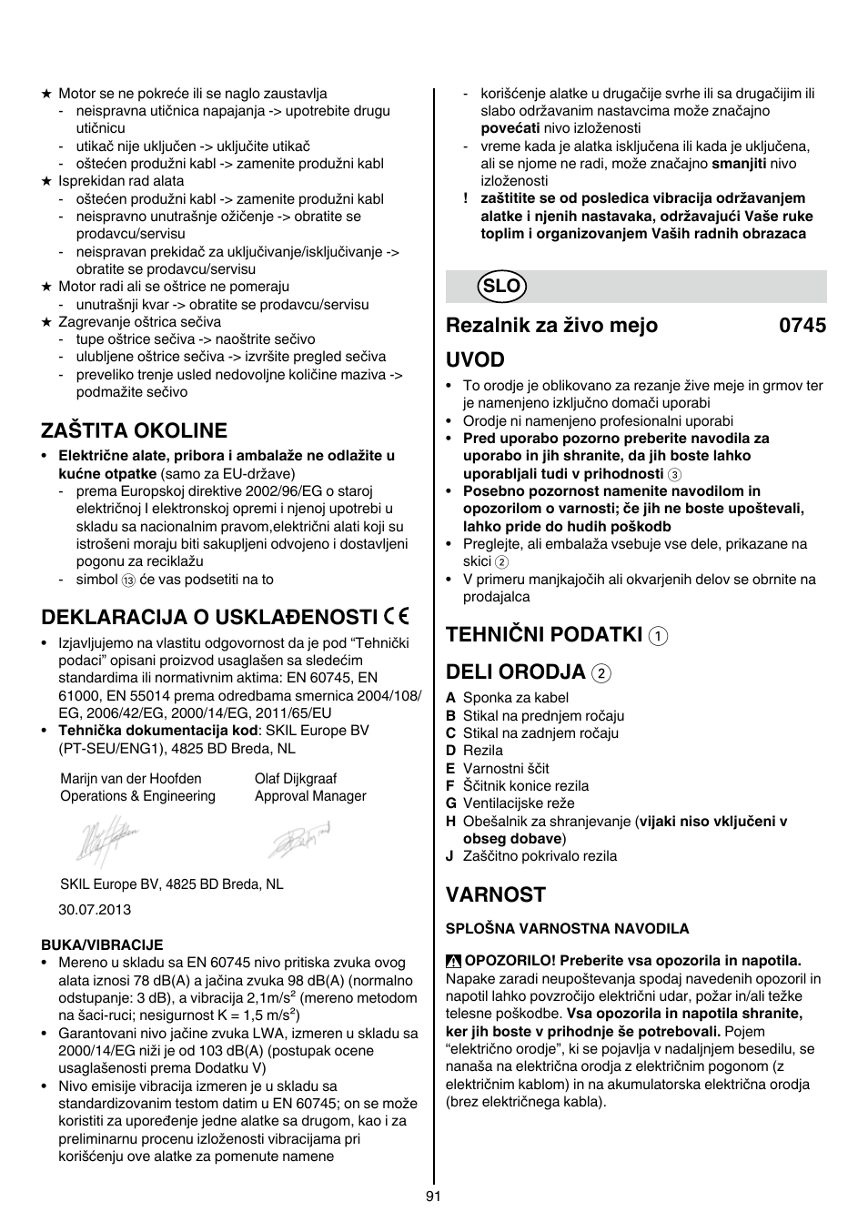 Zaštita okoline, Deklaracija o usklađenosti, Rezalnik za živo mejo 0745 uvod | Tehnični podatki 1 deli orodja 2, Varnost | Skil 0745 RT User Manual | Page 91 / 124