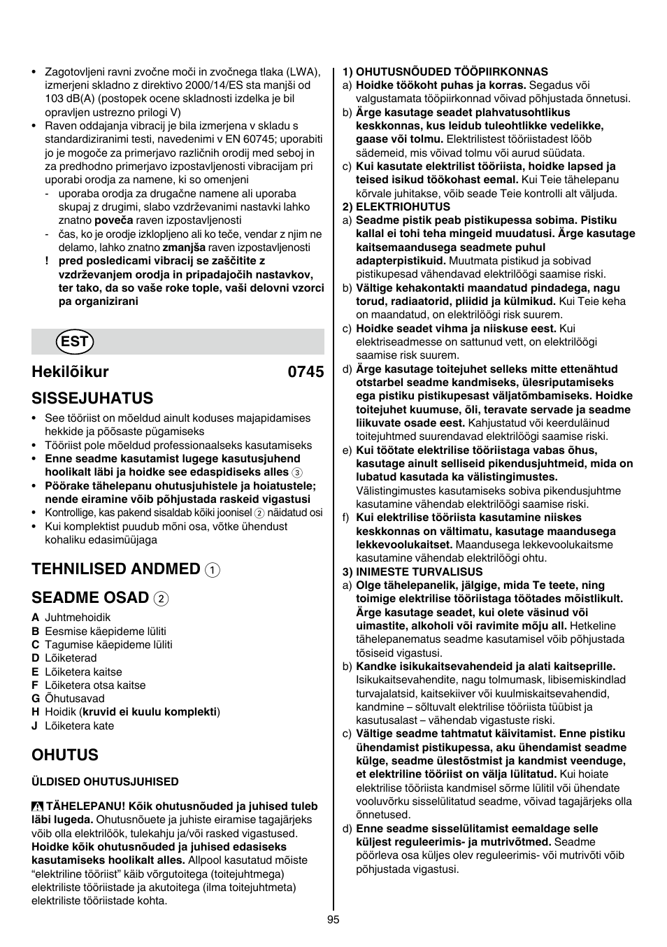 Hekilõikur 0745 sissejuhatus, Tehnilised andmed 1 seadme osad 2, Ohutus | Skil 0745 RT User Manual | Page 95 / 124
