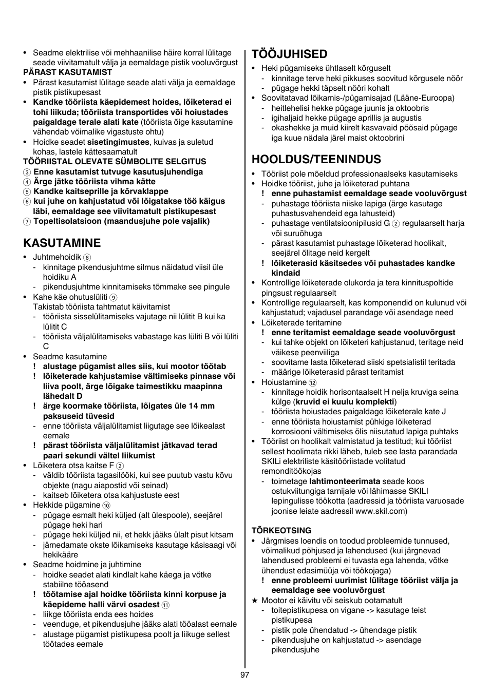 Kasutamine, Tööjuhised, Hooldus/teenindus | Skil 0745 RT User Manual | Page 97 / 124