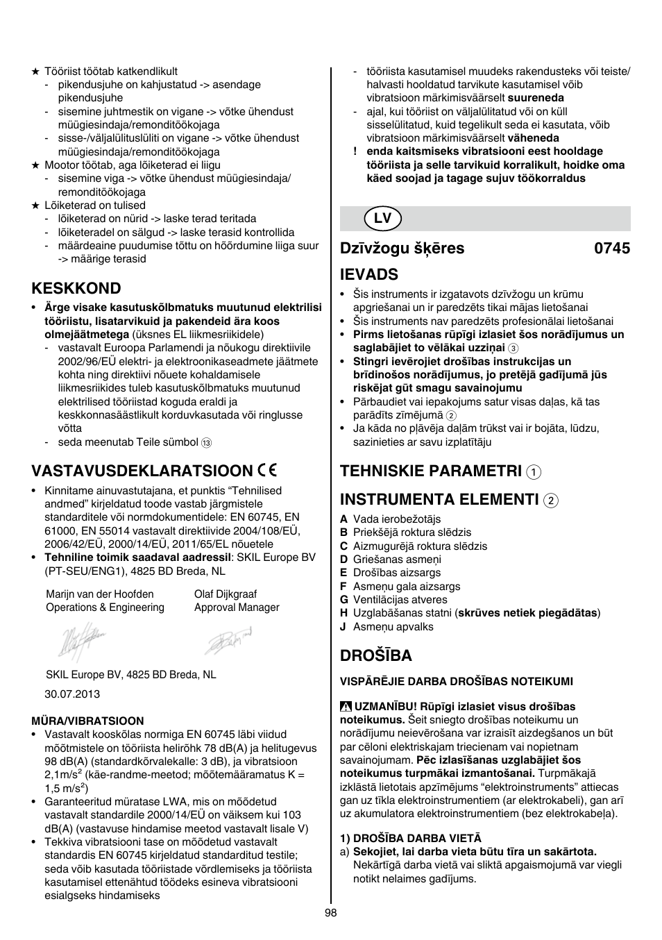 Keskkond, Vastavusdeklaratsioon, Dzīvžogu šķēres 0745 ievads | Tehniskie parametri 1 instrumenta elementi 2, Drošība | Skil 0745 RT User Manual | Page 98 / 124