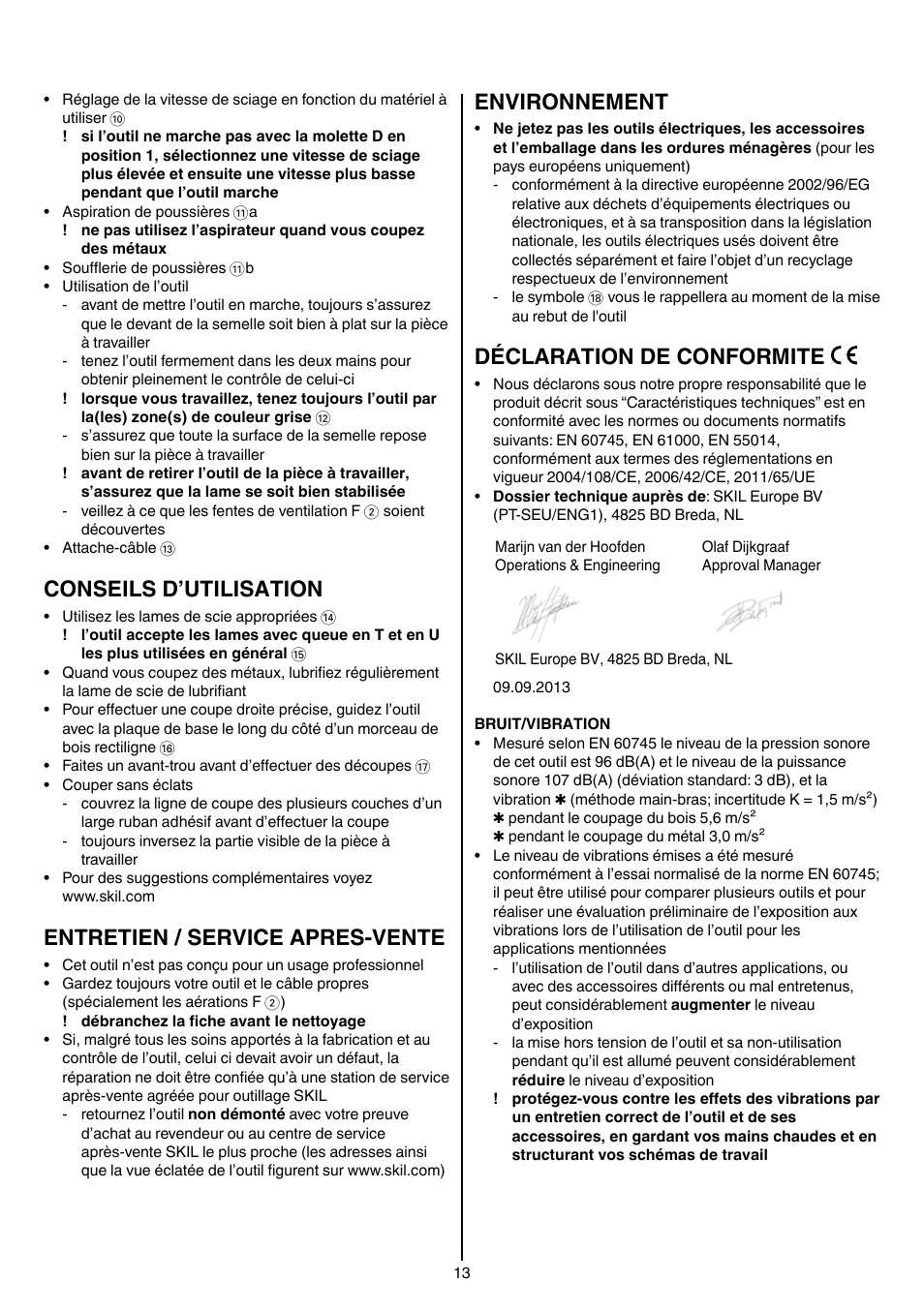 Conseils d’utilisation, Entretien / service apres-vente, Environnement | Déclaration de conformite | Skil 4381 AA User Manual | Page 13 / 108