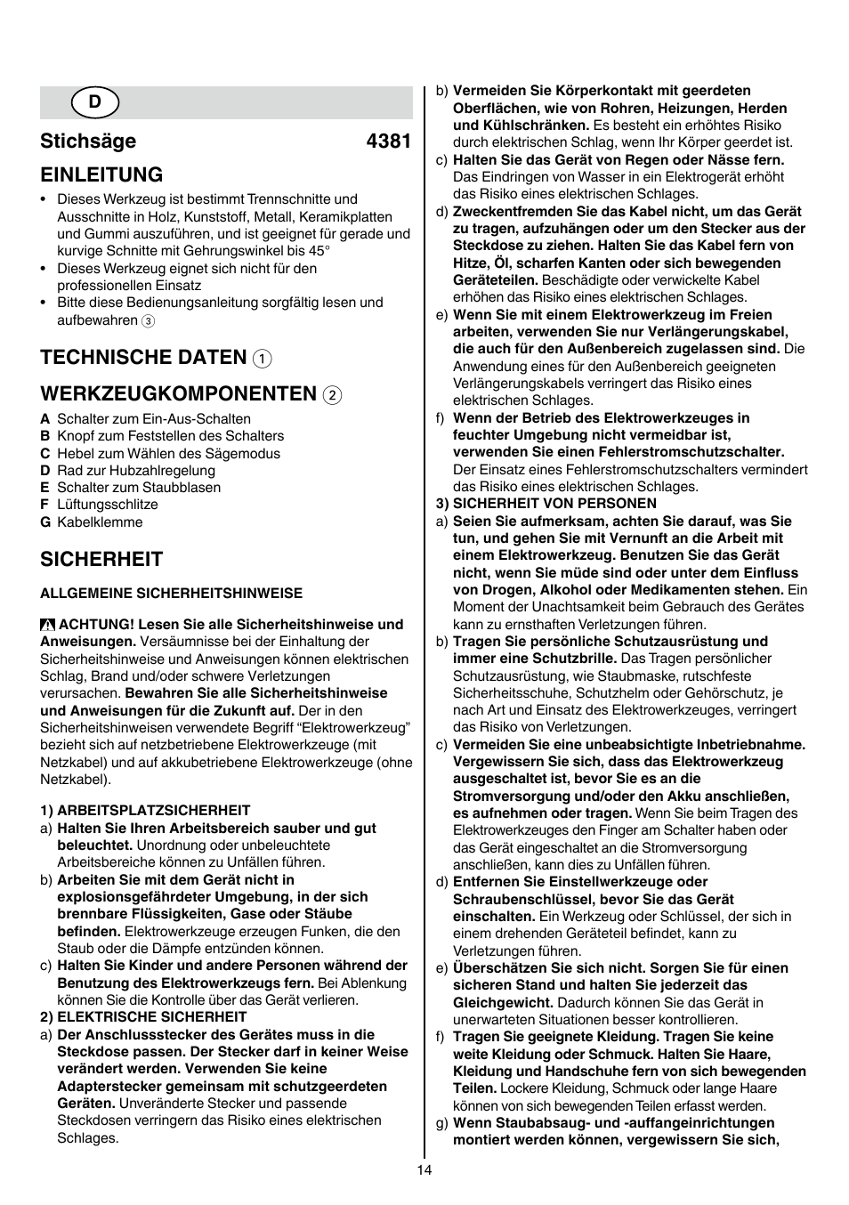 Stichsäge 4381 einleitung, Technische daten 1 werkzeugkomponenten 2, Sicherheit | Skil 4381 AA User Manual | Page 14 / 108
