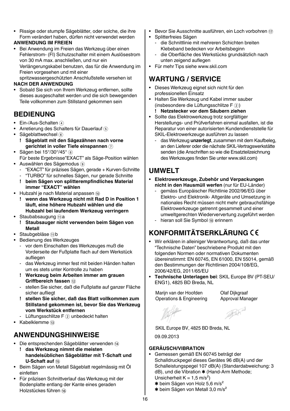 Bedienung, Anwendungshinweise, Wartung / service | Umwelt, Konformitätserklärung | Skil 4381 AA User Manual | Page 16 / 108