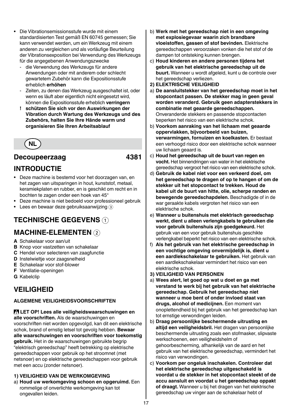 Decoupeerzaag 4381 introductie, Technische gegevens 1 machine-elementen 2, Veiligheid | Skil 4381 AA User Manual | Page 17 / 108