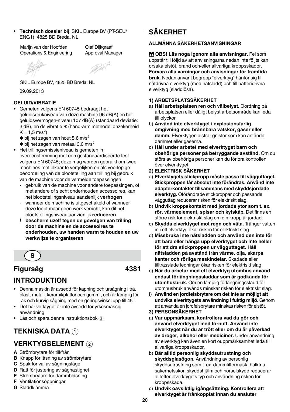 Figursåg 4381 introduktion, Tekniska data 1 verktygselement 2, Säkerhet | Skil 4381 AA User Manual | Page 20 / 108