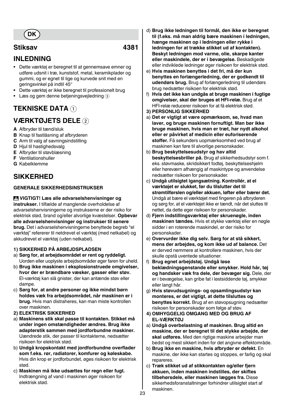 Stiksav 4381 inledning, Tekniske data 1 værktøjets dele 2, Sikkerhed | Skil 4381 AA User Manual | Page 23 / 108