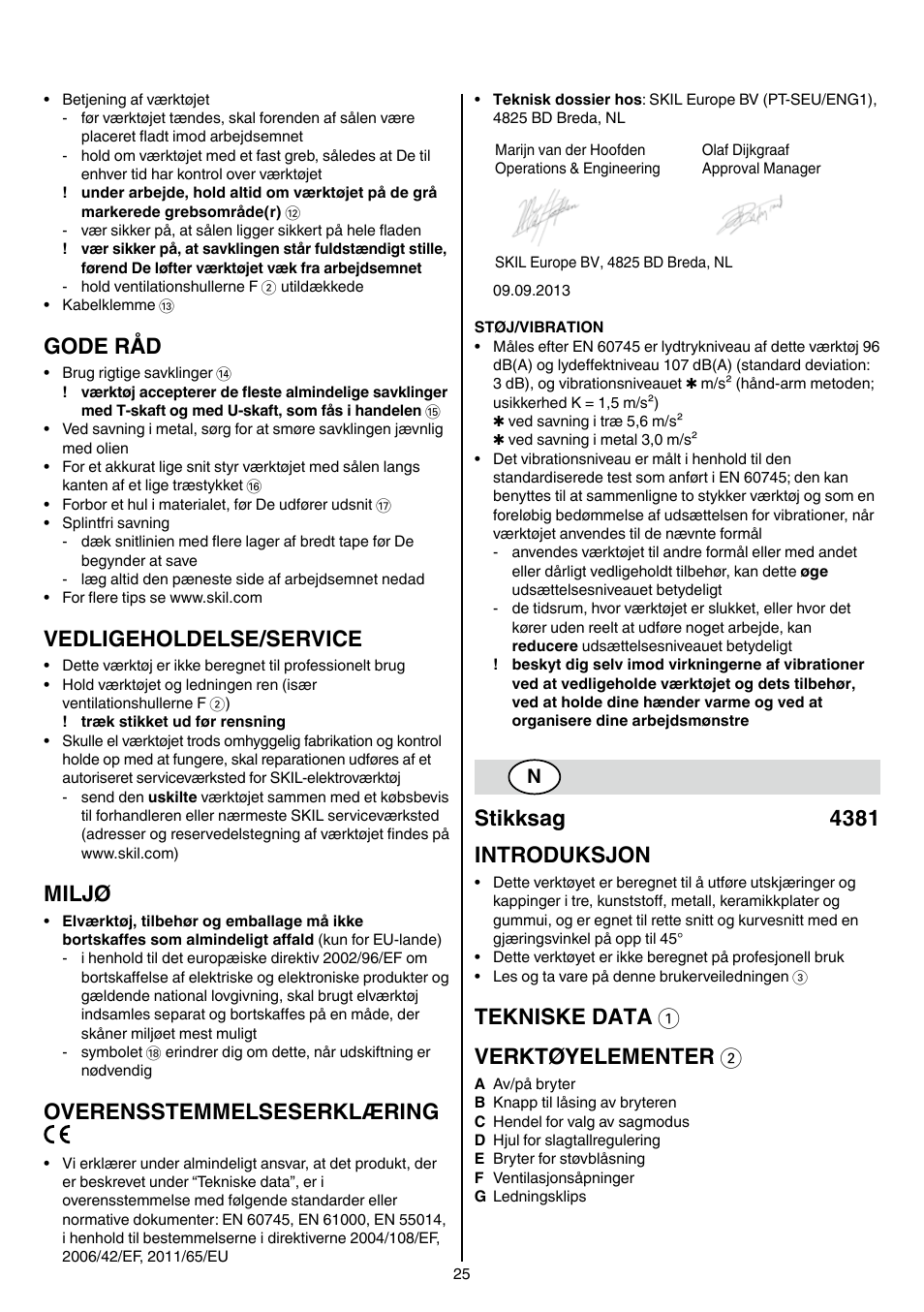 Gode råd, Vedligeholdelse/service, Miljø | Overensstemmelseserklæring, Stikksag 4381 introduksjon, Tekniske data 1 verktøyelementer 2 | Skil 4381 AA User Manual | Page 25 / 108