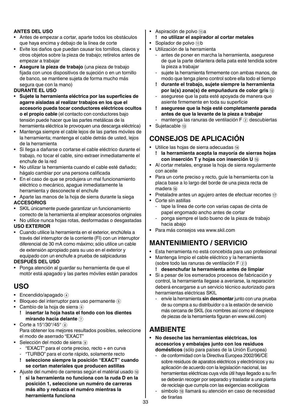 Consejos de aplicación, Mantenimiento / servicio, Ambiente | Skil 4381 AA User Manual | Page 33 / 108