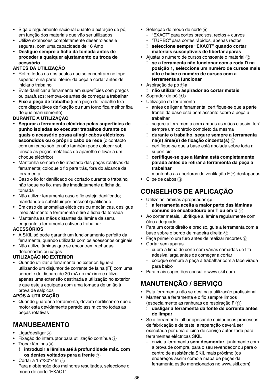 Manuseamento, Conselhos de aplicação, Manutenção / serviço | Skil 4381 AA User Manual | Page 36 / 108