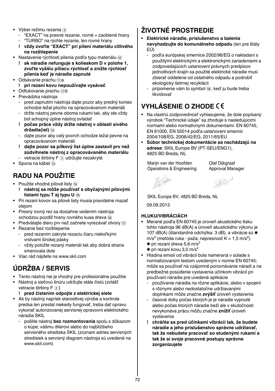 Radu na použitie, Údržba / servis, Životné prostredie | Vyhlásenie o zhode | Skil 4381 AA User Manual | Page 72 / 108